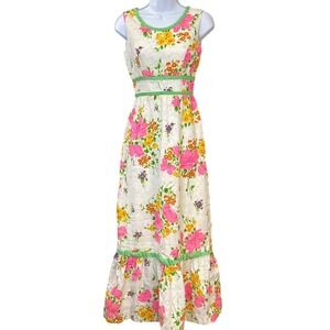 1970s Twiggs Floral Maxi Dress Pink Green Cottagecore Garden Party Boho VTG Gown